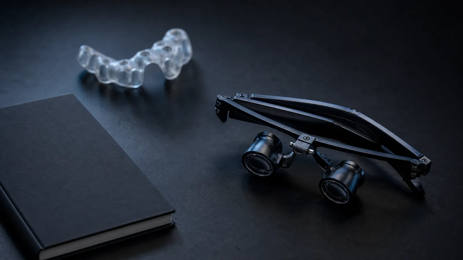 Dental loupes, a translucent surgical guide and an unmarked clinical notebook in a dark studio.