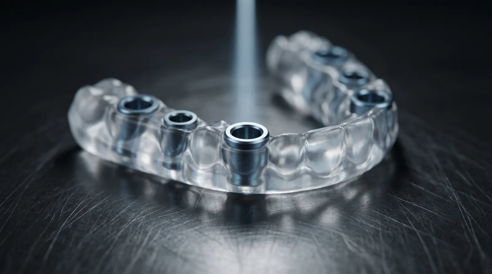 A translucent surgical guide rests under cool light in a dark clinical scene.