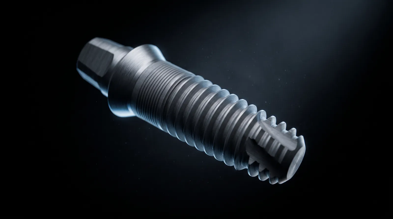 Titanium dental implant macro in dark void