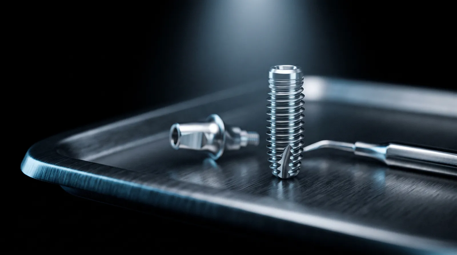 Titanium dental implant and abutment on a brushed steel surgical tray